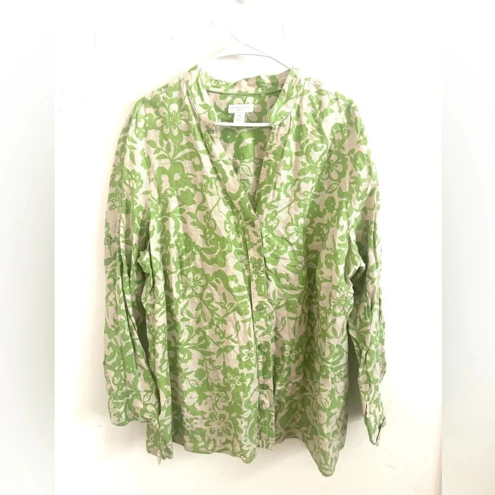 Charter club women shirt 20W linen floral coastal  green button up beach classic